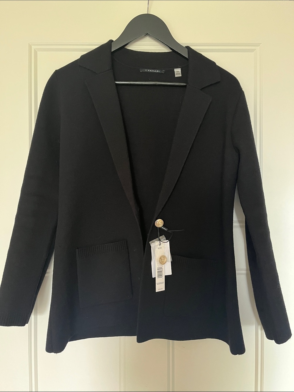 Tahari Black Knit Single-Button Blazer with Gold-Tone Accent